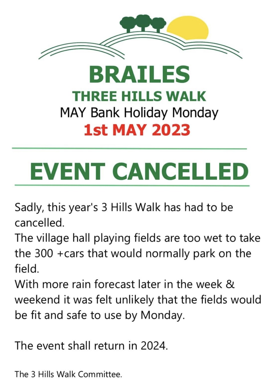 Cancelled Brailes Three Hills Walk - Bank Holiday Monday 1 May