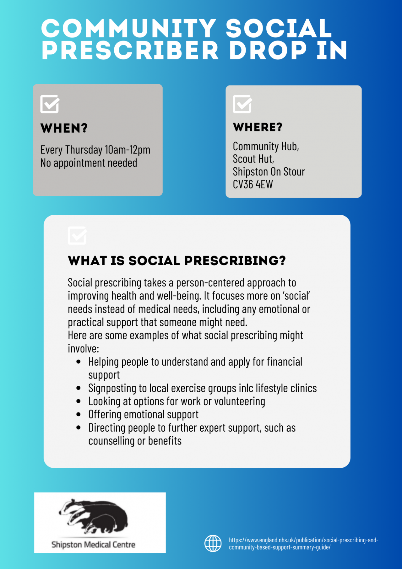 Community Social Prescriber Drop In - Every Thursday 10-12 at the Scout Hut, Shipston on Stour