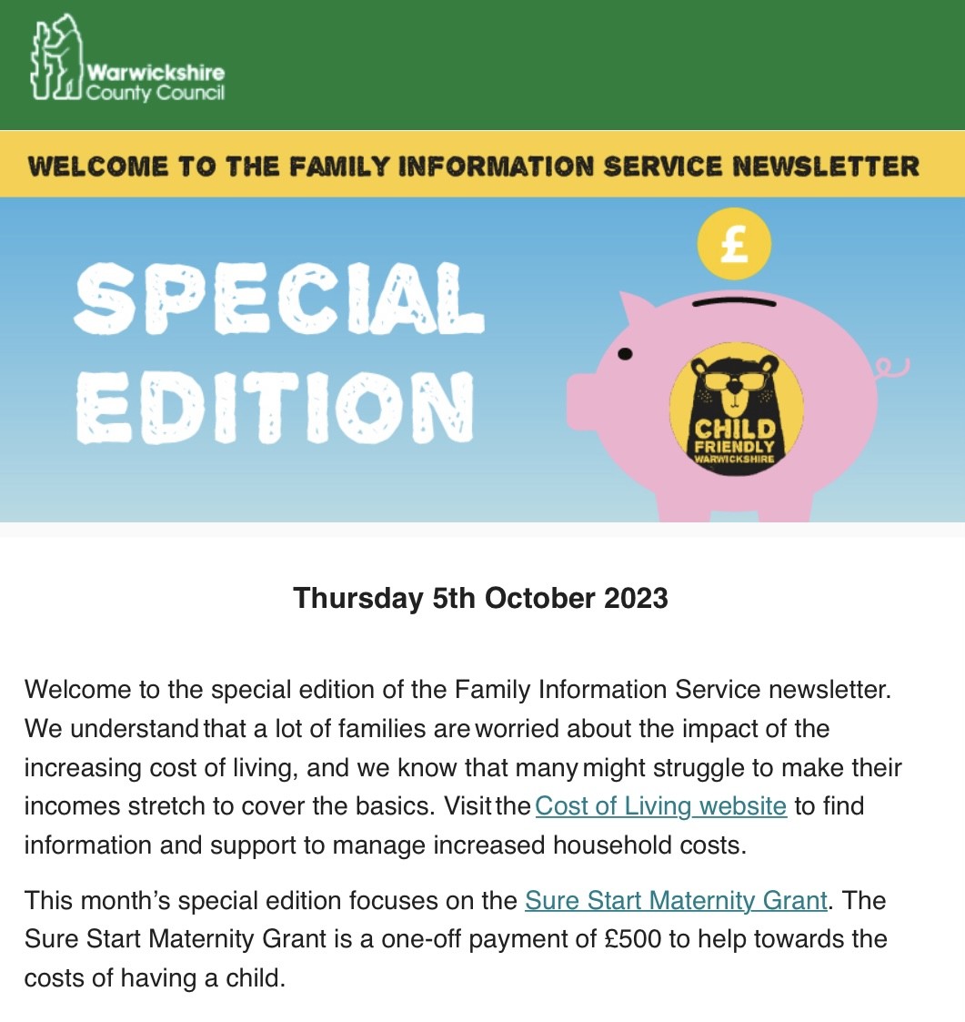 Family Information Service (FIS) Newsletter - Sure Start Maternity Grant Special Edition