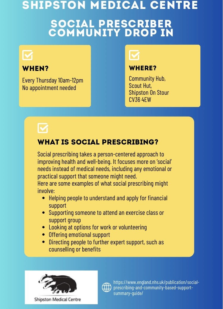 Community Social Prescriber Drop In - Each Thursday 10-12 at the Scout Hut, Shipston on Stour