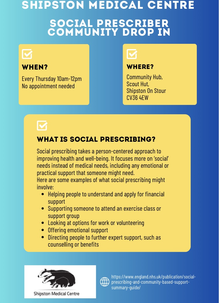 Community Social Prescriber Drop In - Each Thursday 10-12 at the Scout Hut, Shipston on Stour