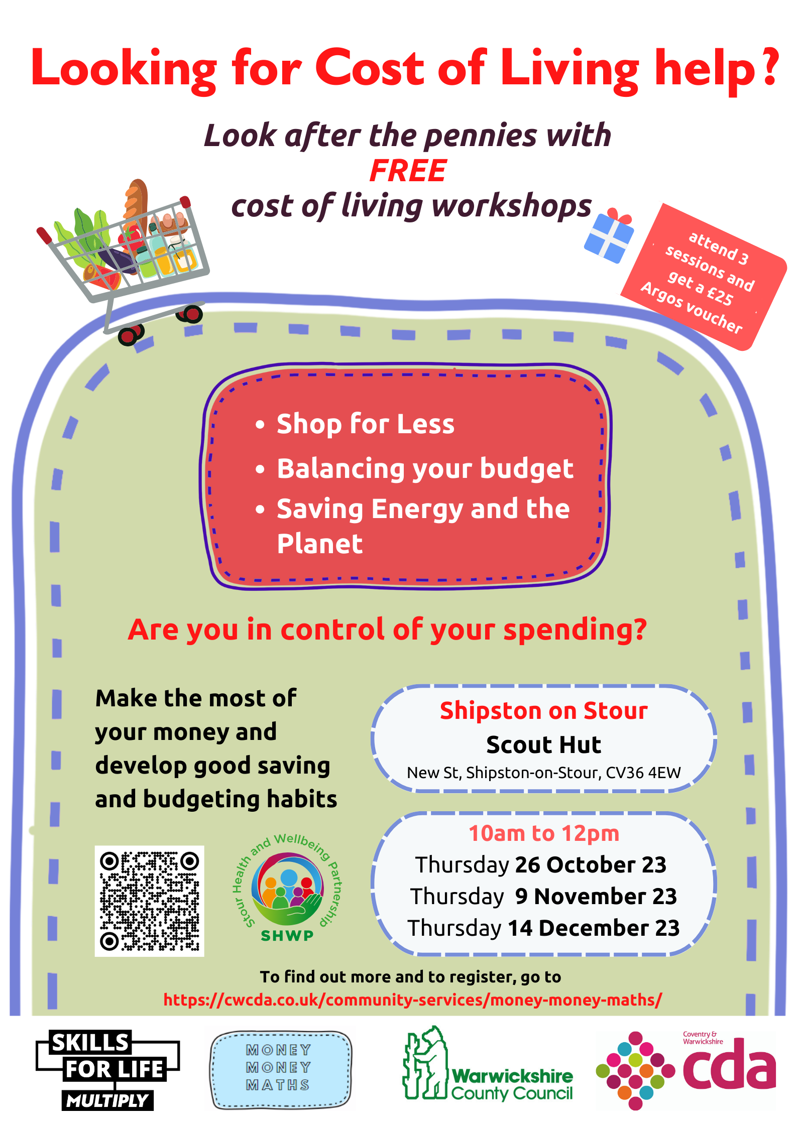 Reminder FREE cost of living workshops - attend three sessions and get a £25 Argos voucher, first one Thursday 26 October