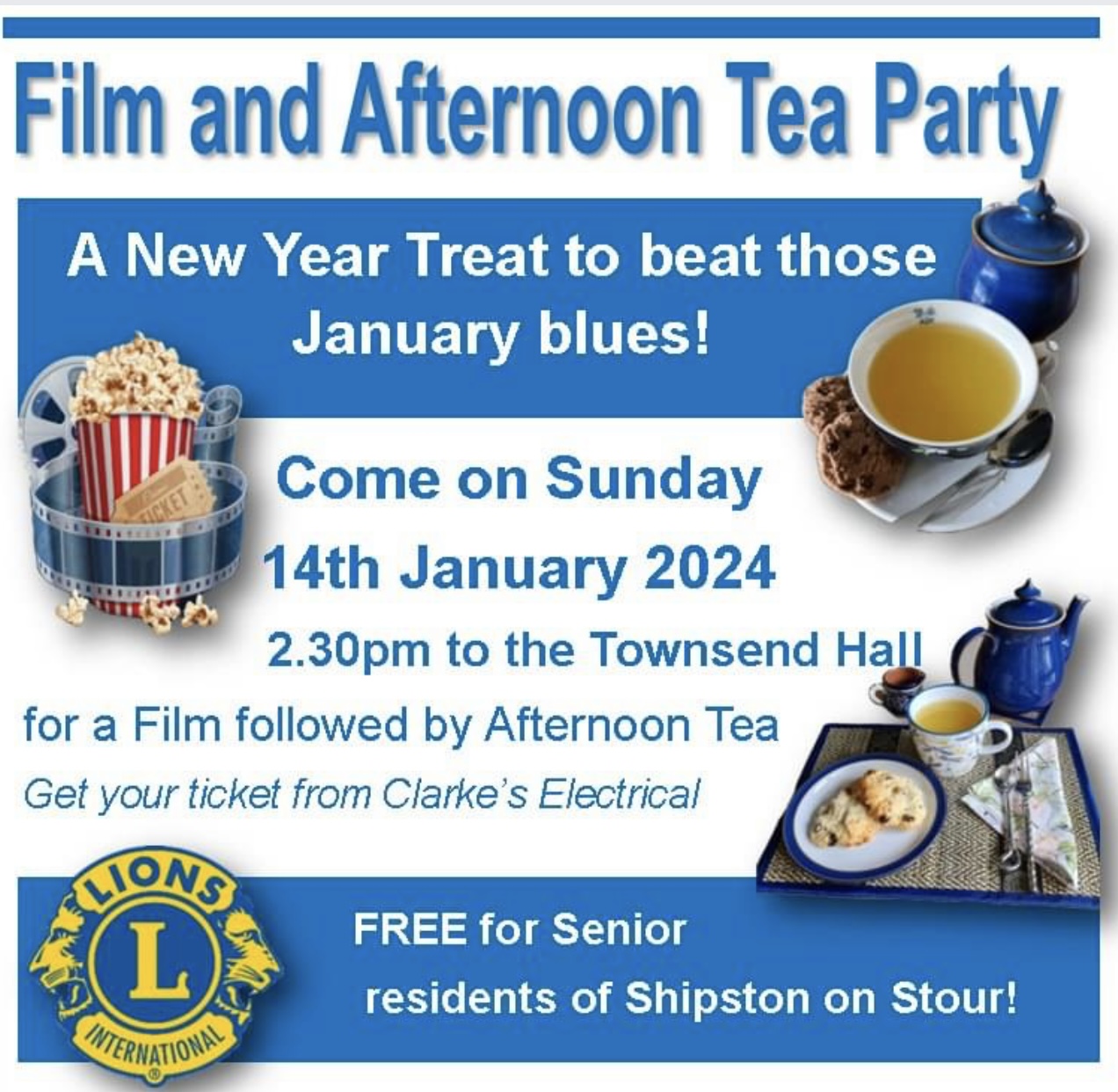 Film and Afternoon Tea Party - Sunday 14 January at Townsend Hall, Shipston on Stour