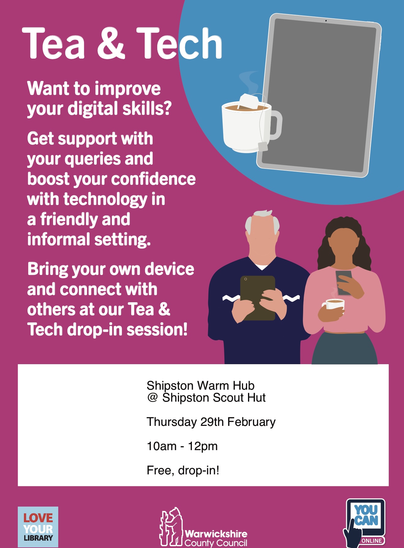 Tea and Tech Drop In Session at Shipston Community Warm Hub on Thursday 29 February