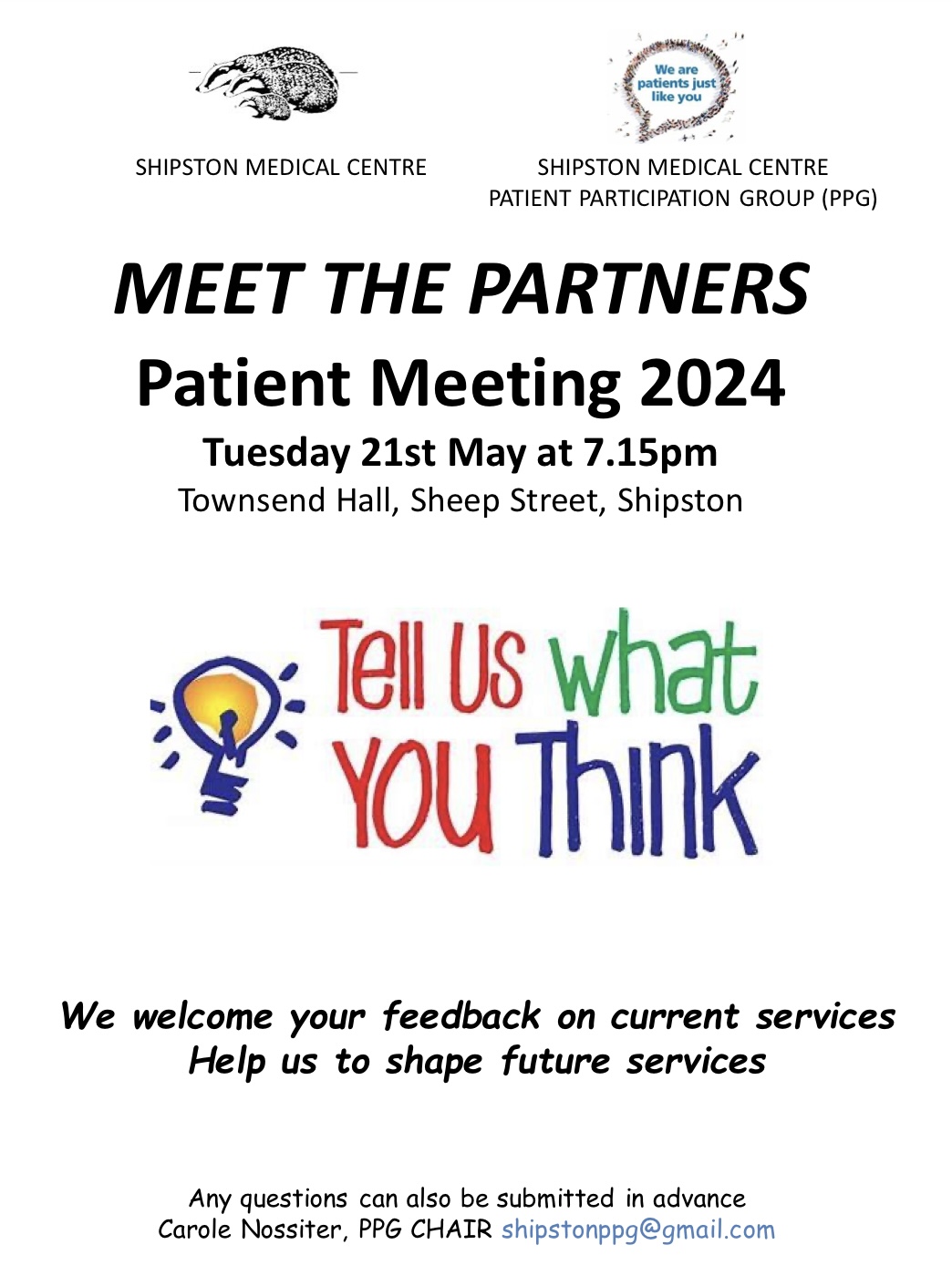 Reminder: Shipston Medical Centre Patient Meeting - Tuesday 21 May at Townsend Hall, Shipston on Stour