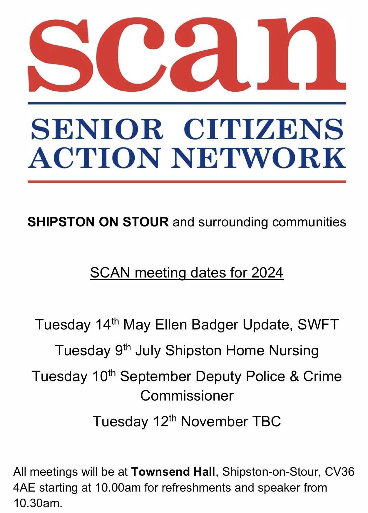 SCAN - Senior Citizens Action Network Meetings - Dates for you Diary