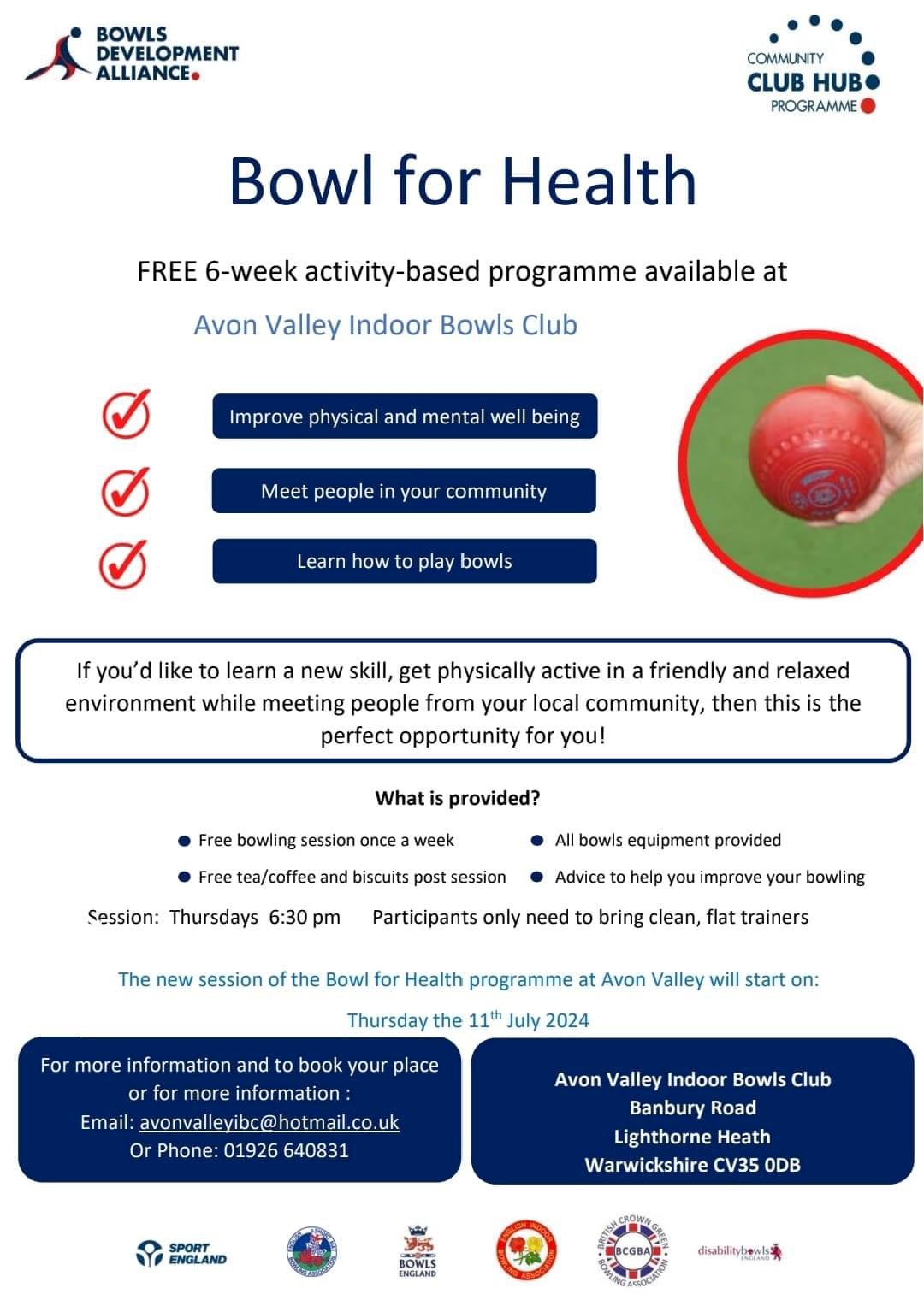 FREE Bowl for Health at Avon Valley Indoor Bowls Club, Lighthorne Heath