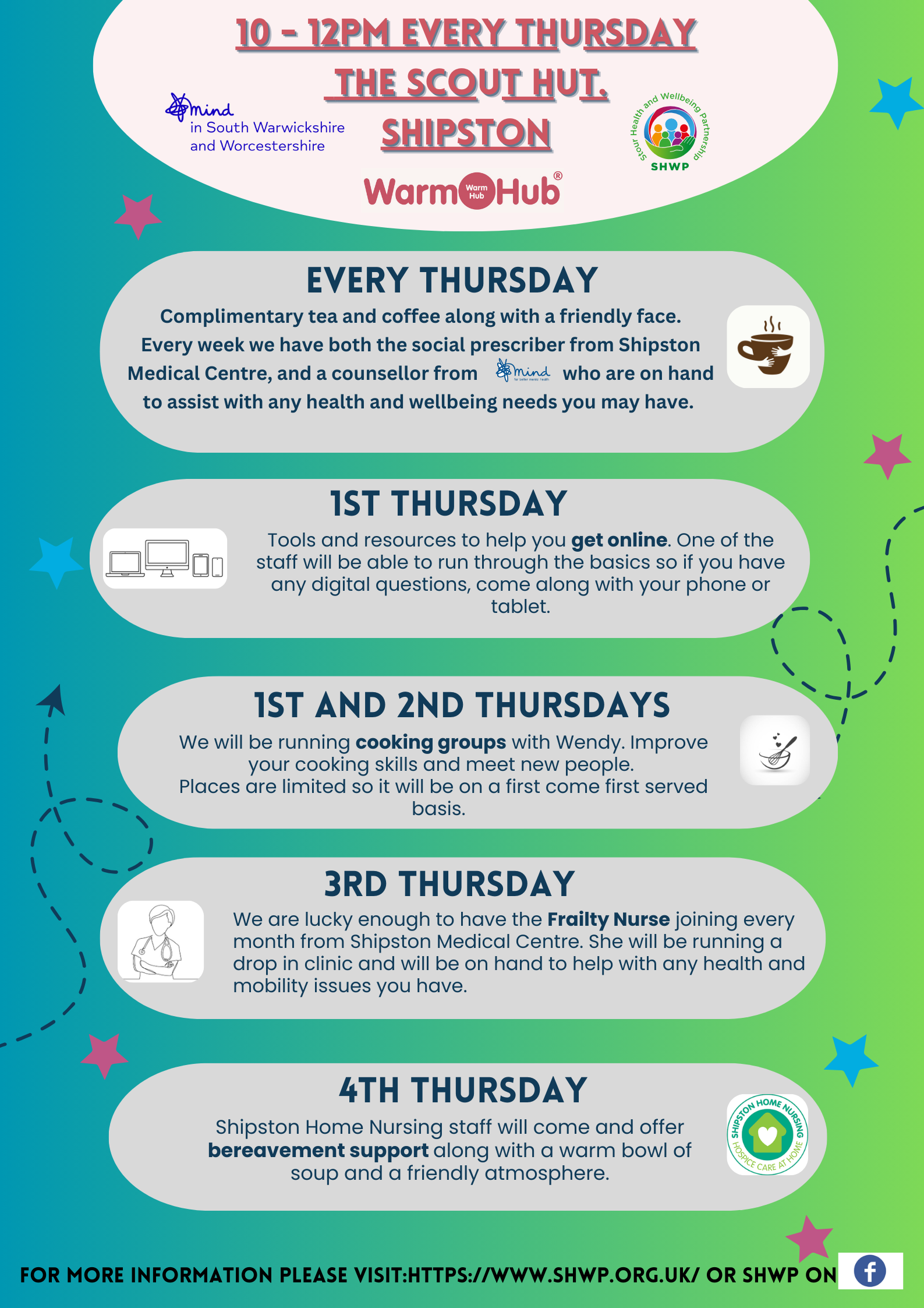 SHWP Community Warm Hub each Thursday at the Scout Hut Shipston on Stour