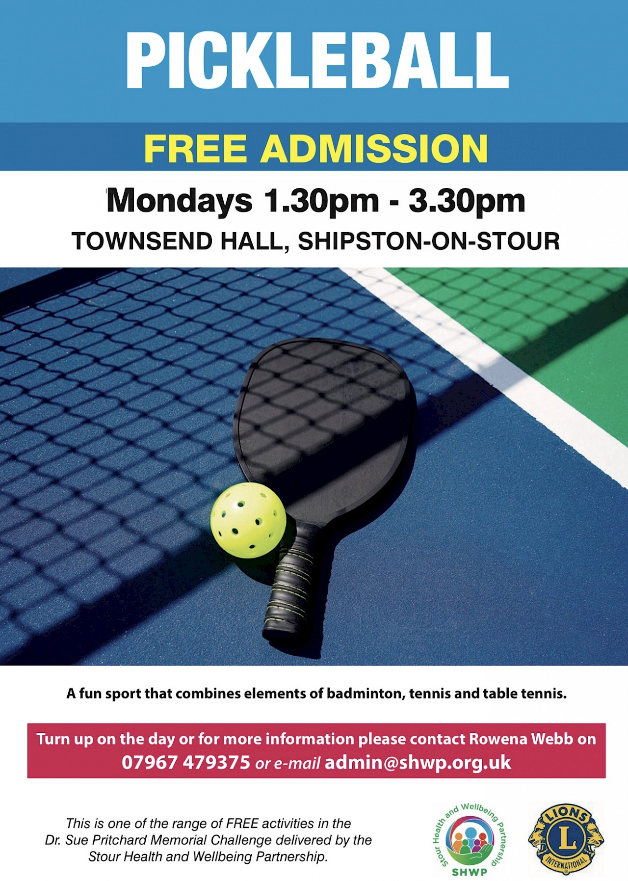 NEW and FREE Pickleball at Townsend Hall, Shipston on Stour on Mondays from 11 November