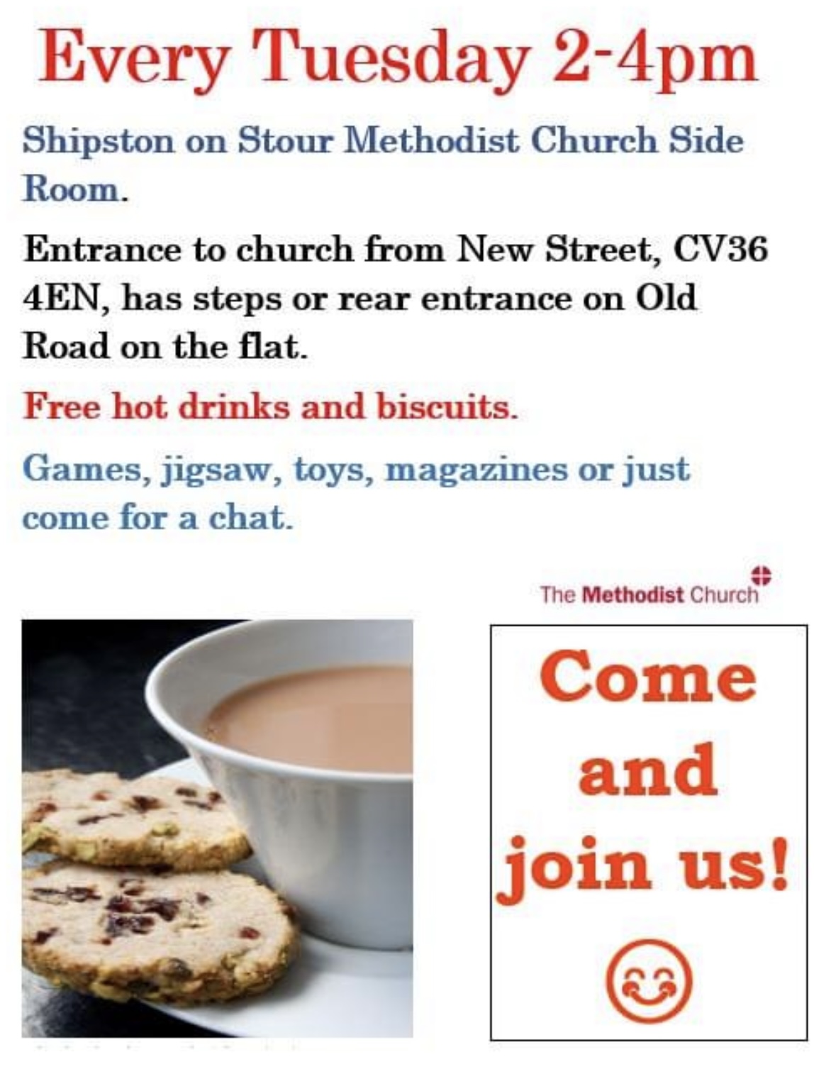 Shipston Methodist Church Tuesday afternoons - pop in for a chat and a cuppa