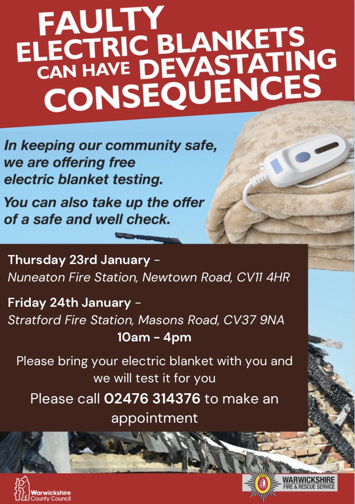 Free Electric Blanket Testing - Friday 24 January, Stratford upon Avon Fire Station