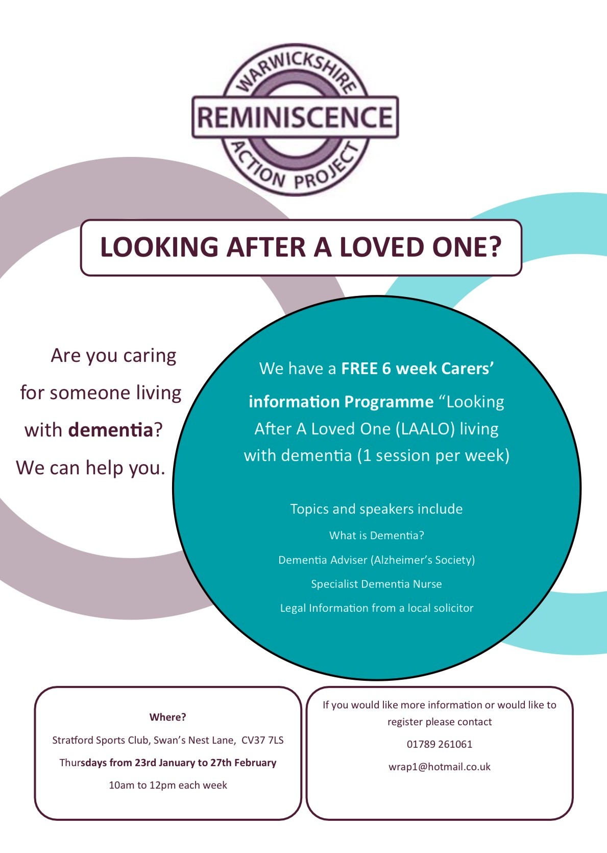 Warwickshire Reminiscence Action Project - 6 week FREE Carers Information Programme
