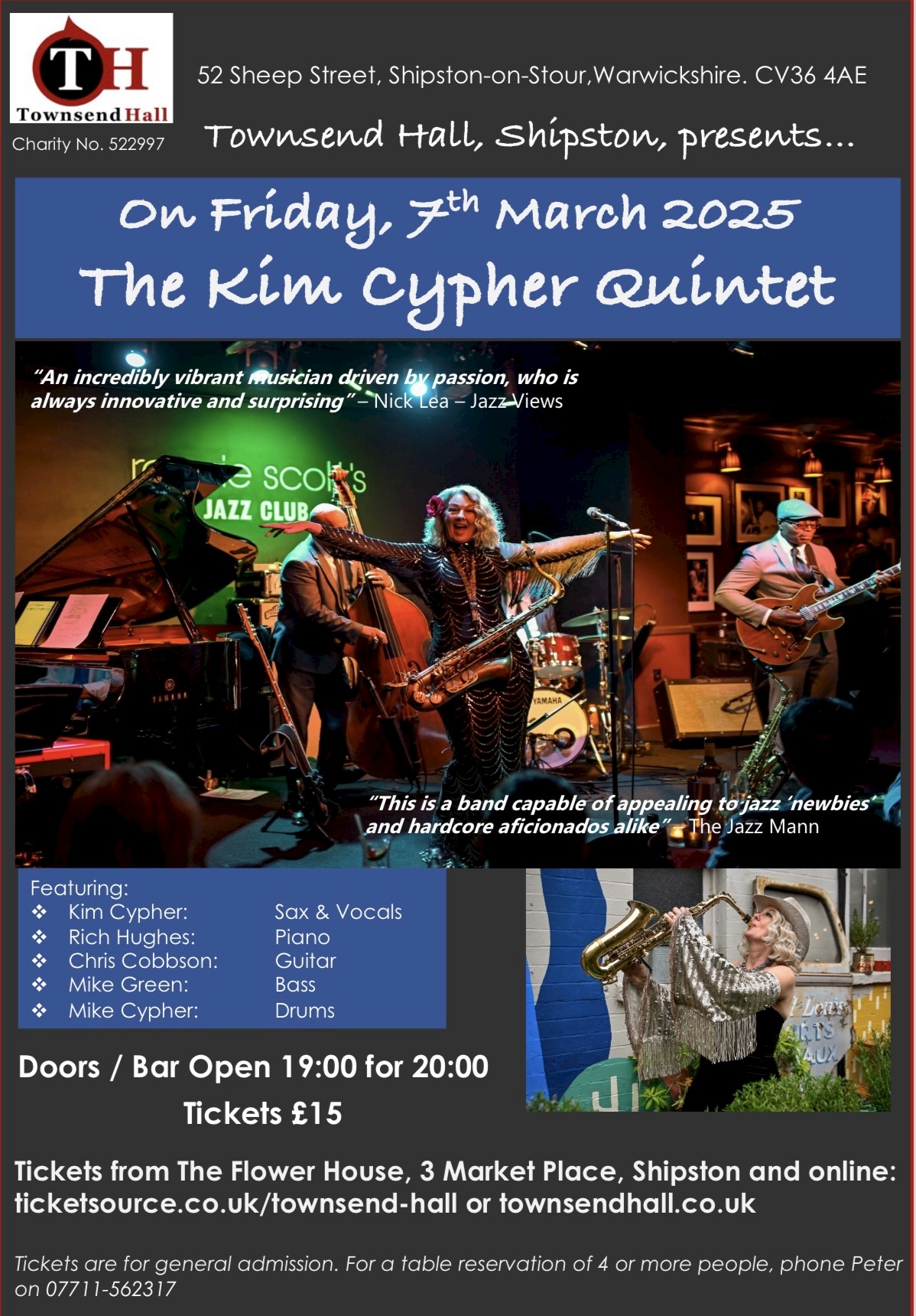 The Kim Cypher Quintet - Friday 7 March at the Townsend Hall, Shipston on Stour