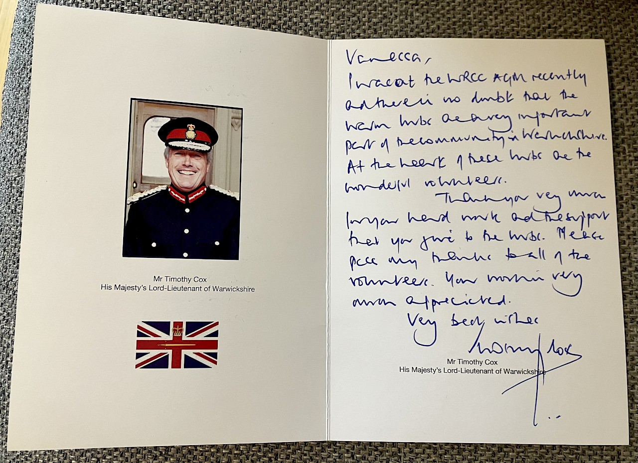 SHWP Community Warm Hub - Thank you from the Lord-Lieutenant of Warwickshire
