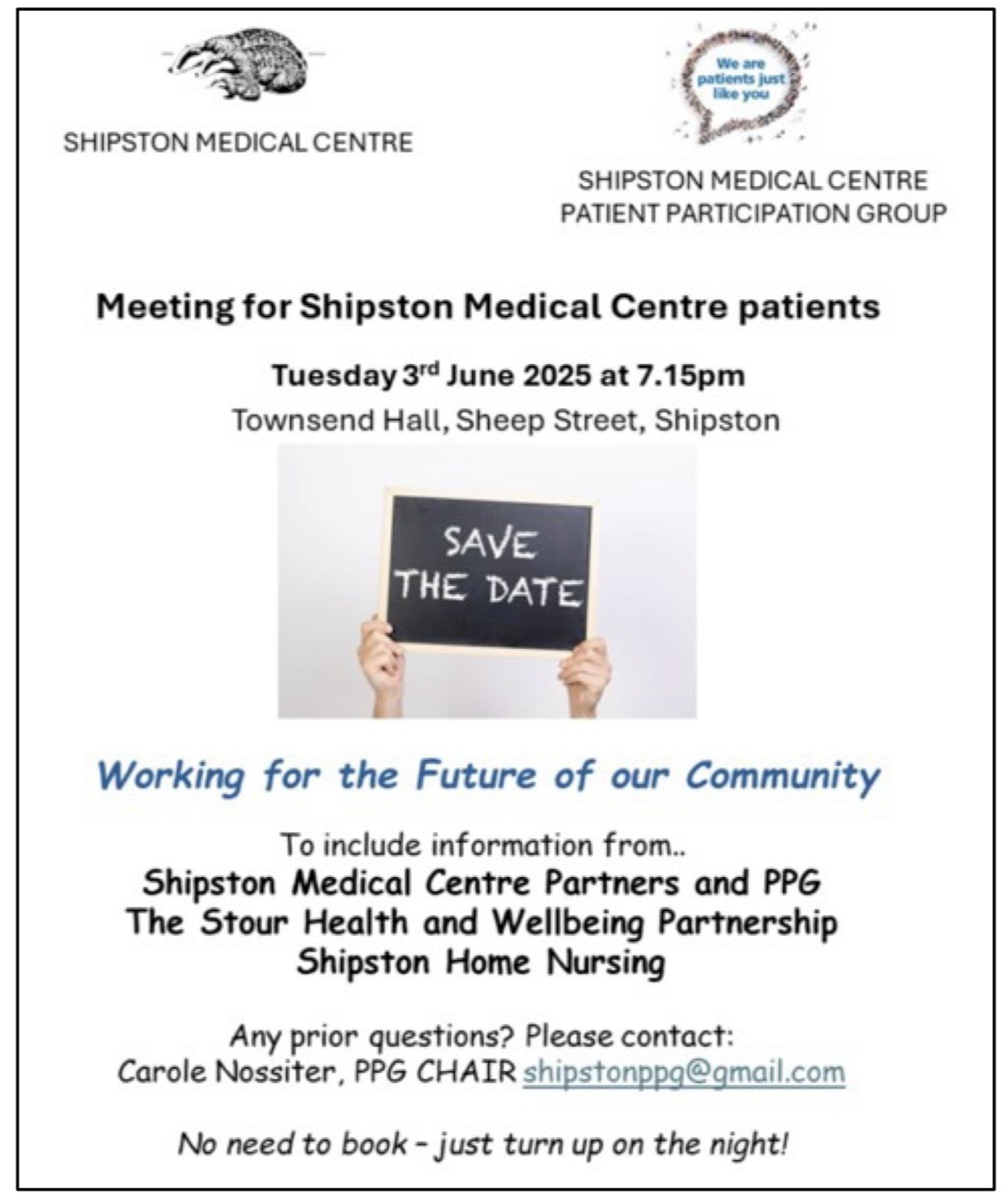 Shipston Medical Centre Patient Meeting - Tuesday 3 June at Townsend Hall, Shipston on Stour