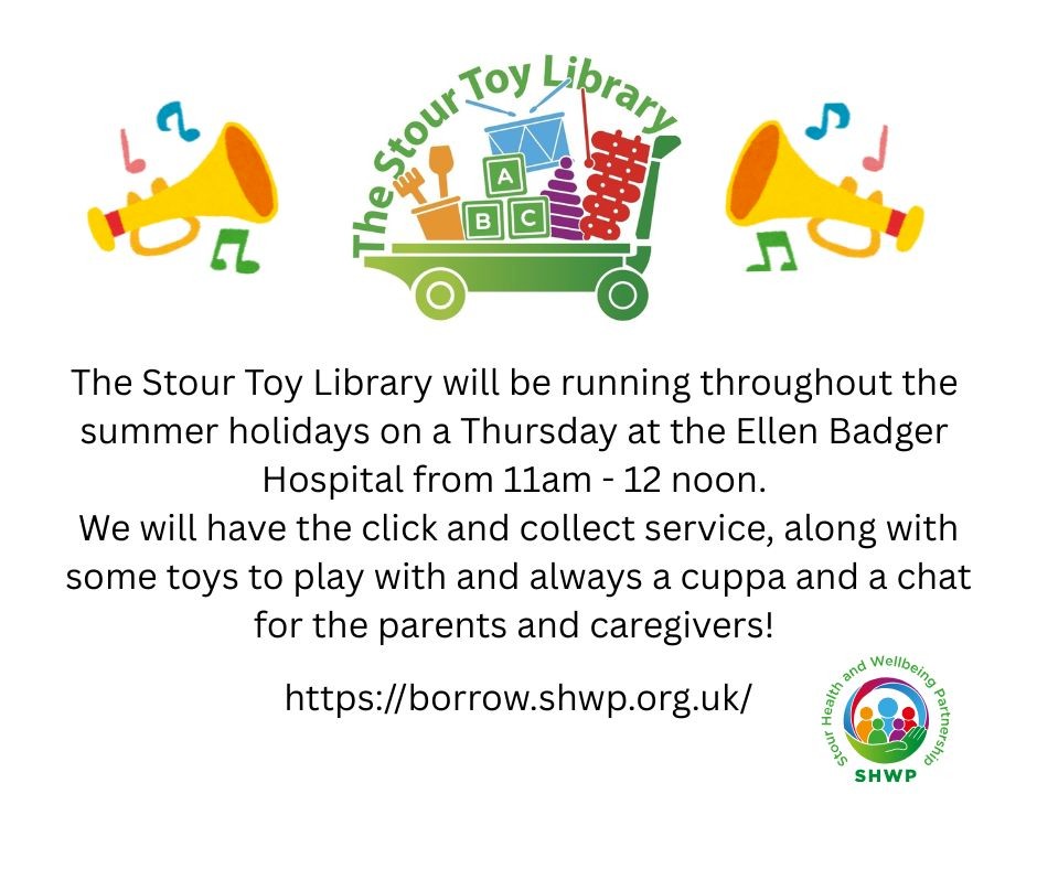The Stour Toy Library is open through the summer holidays at the Ellen Badger Hospital, Stratford Road, Shipston on Stour