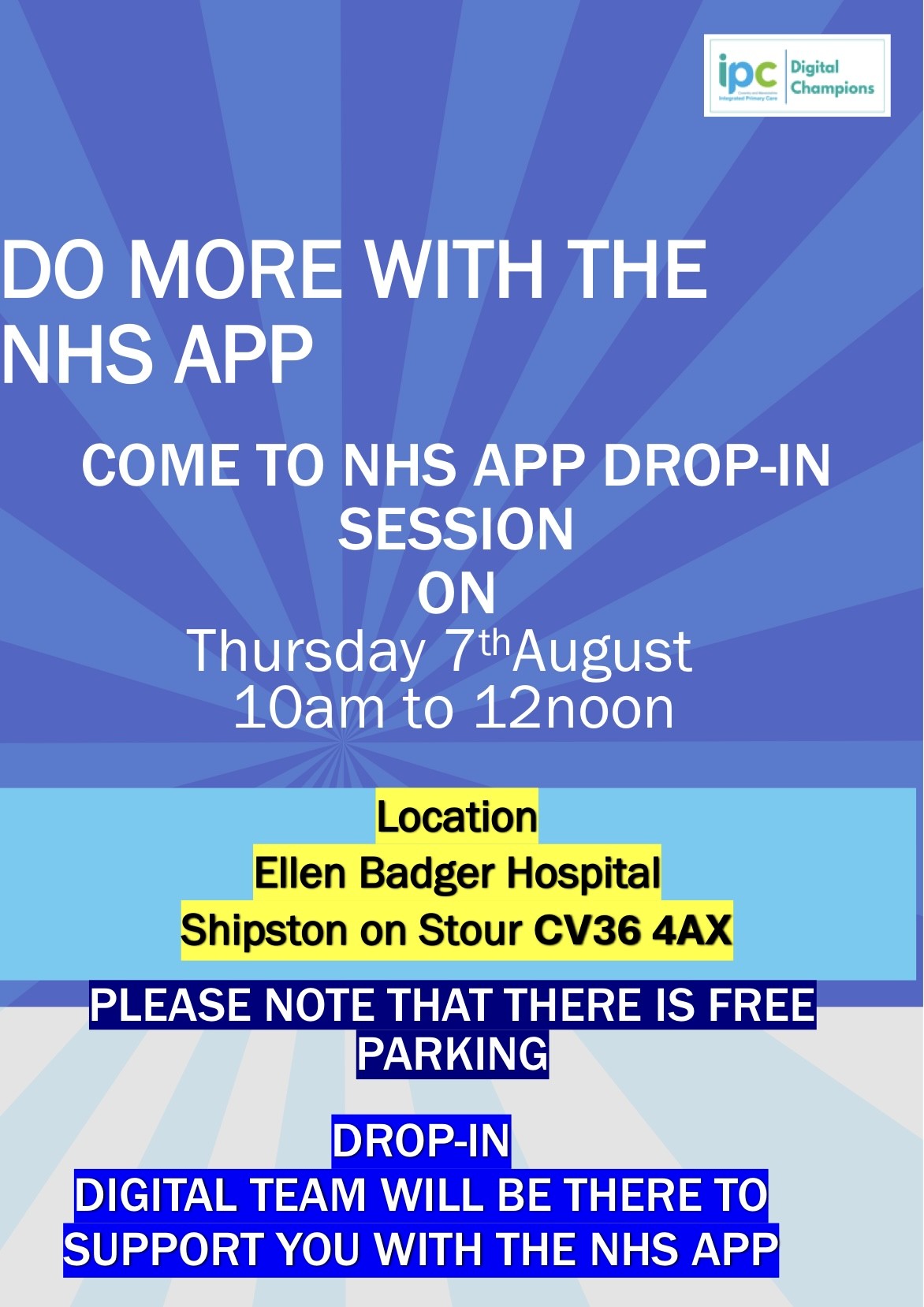 NHS App Drop In Session at Shipston Community Warm Hub 10am - 12noon Thursday 7 August
