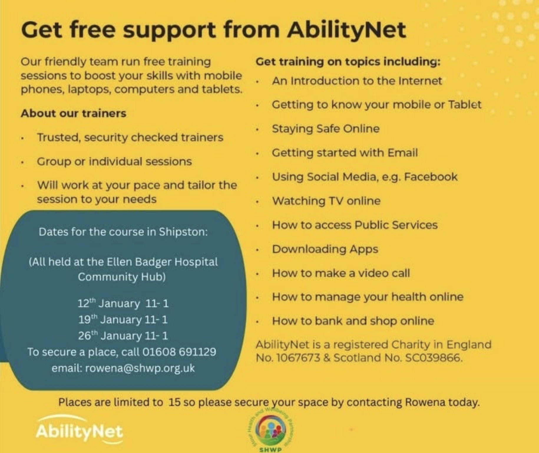 FREE Support from AbilityNet on 12, 19 and 26 January in Shipston on Stour