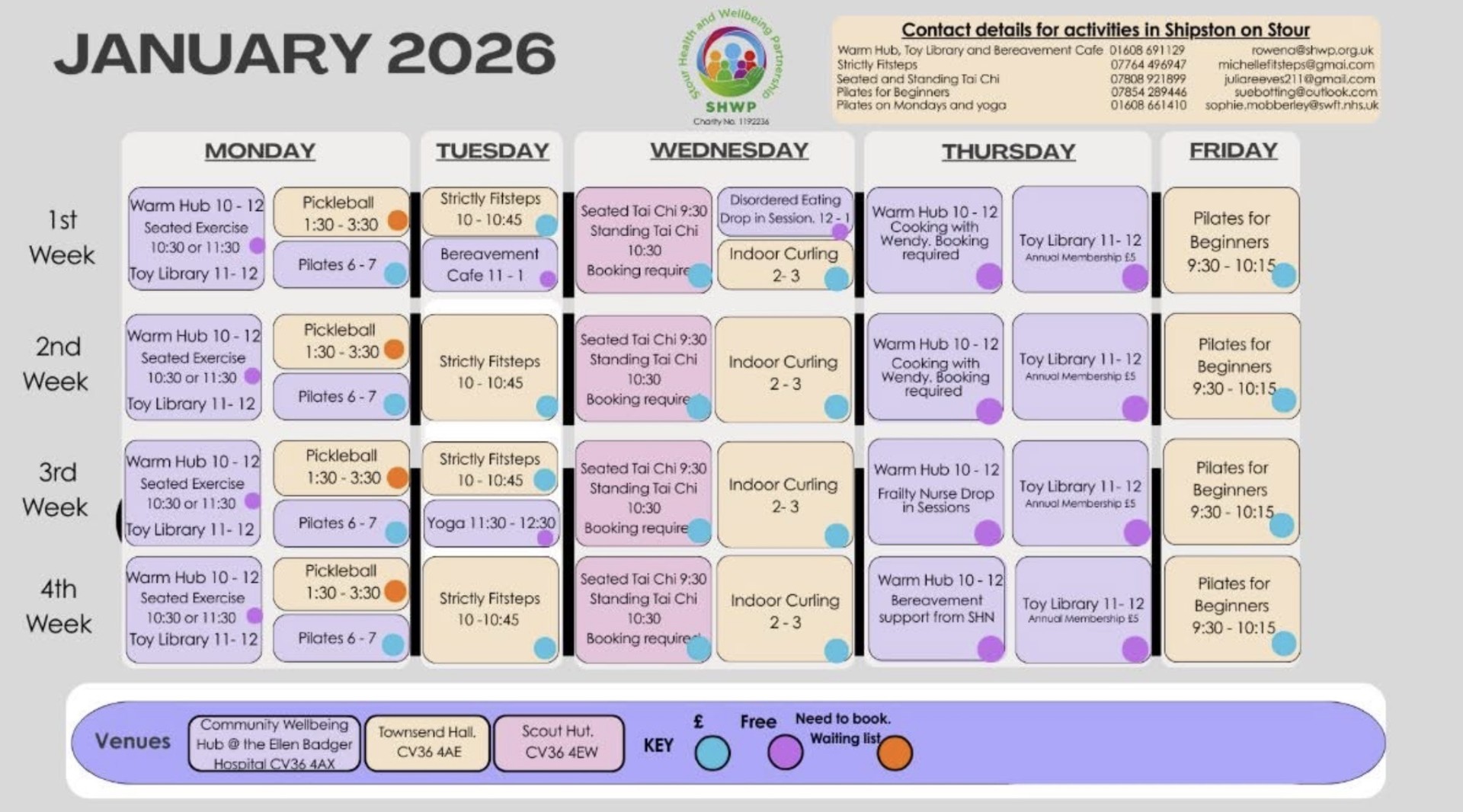 Stour Health and Wellbeing Activities in Shipston on Stour during January 2026