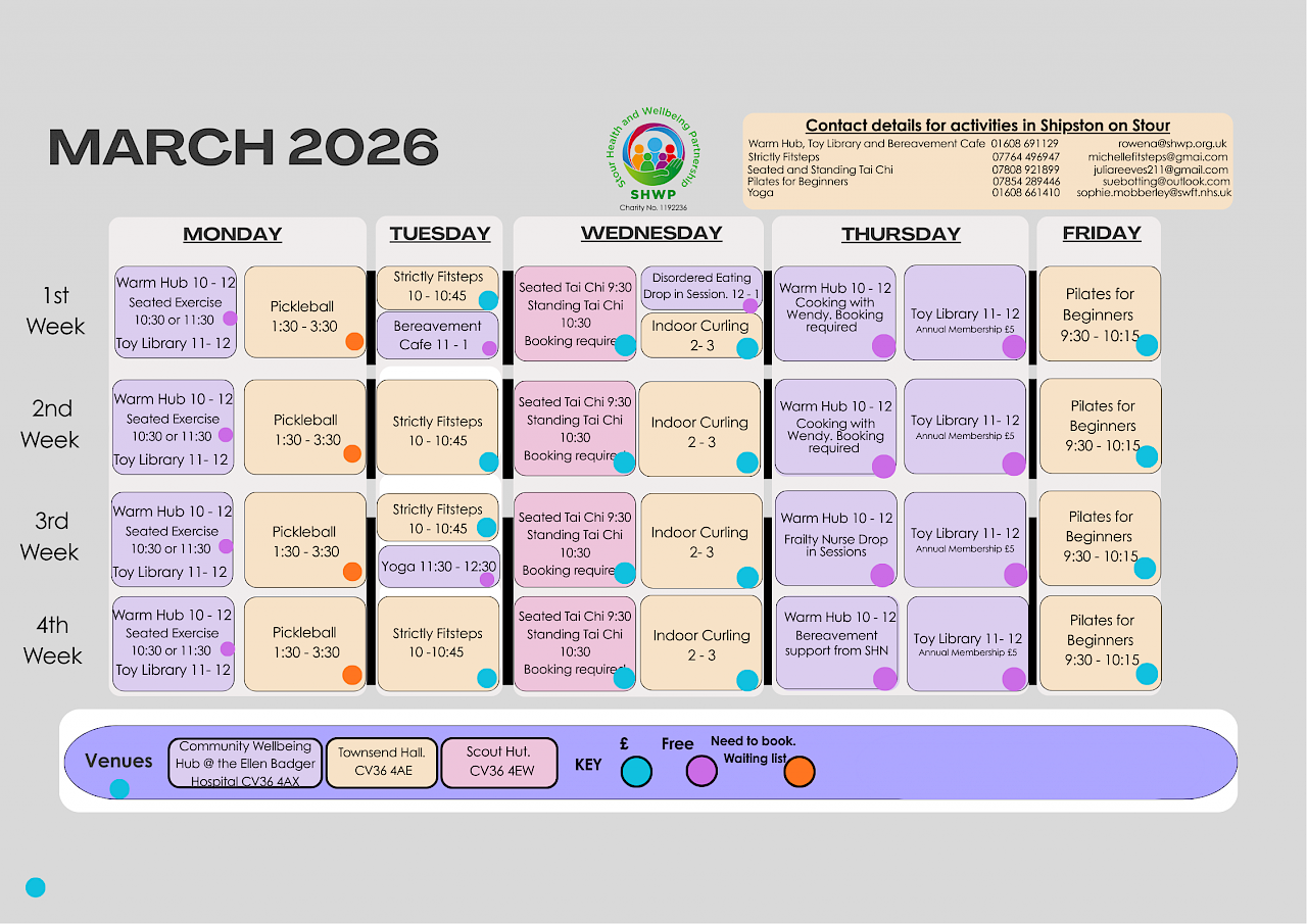 Stour Health and Wellbeing Activities in Shipston on Stour during February and March 2026