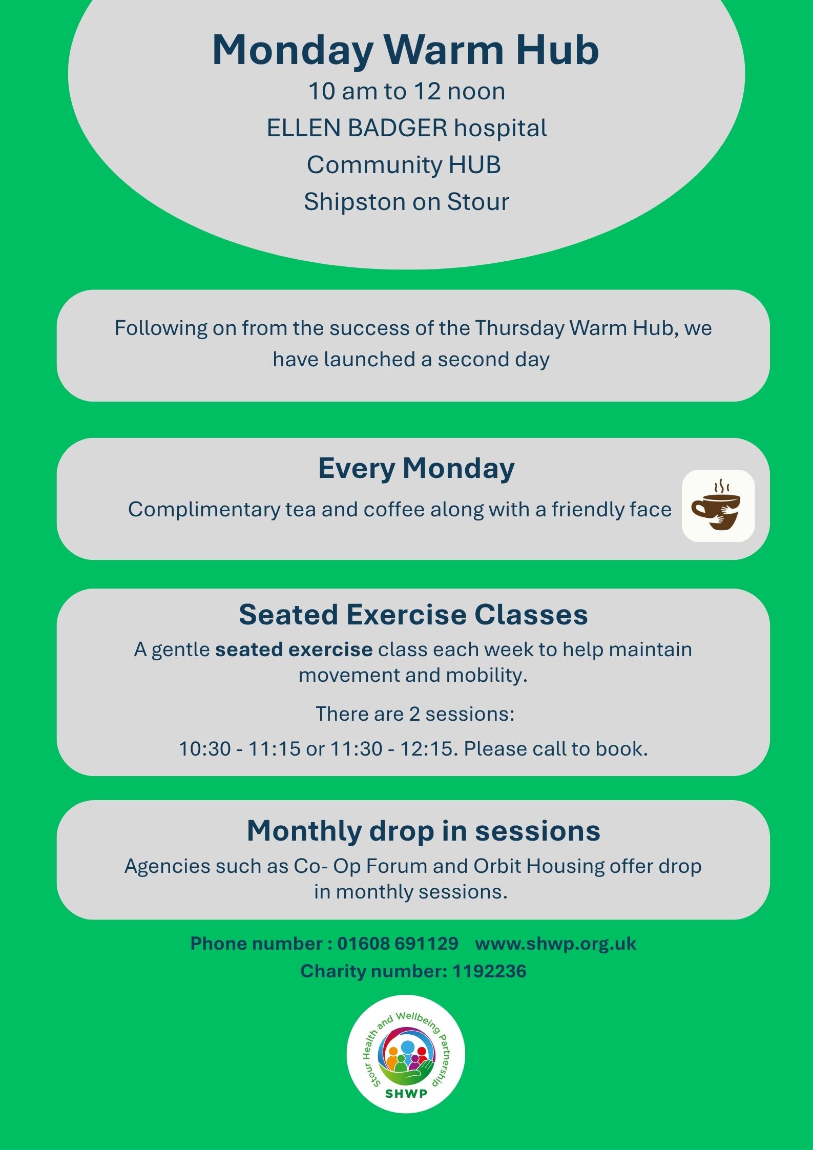 Monday Warm Hub at the Community Hub, Ellen Badger Hospital, Shipston on Stour