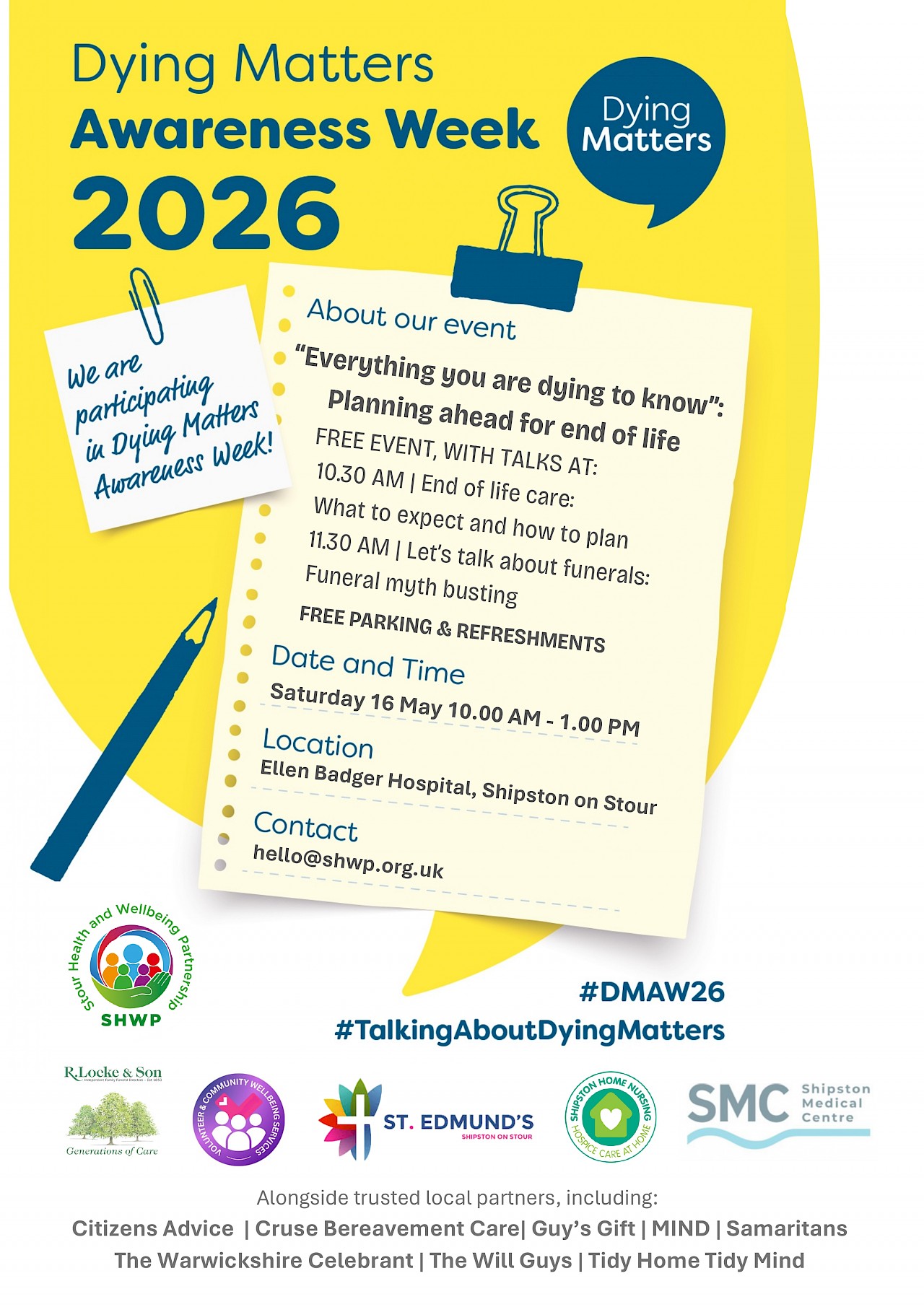 FREE Dying Matters Event at the Ellen Badger Hospital, Shipston on Stour on Saturday 16 May