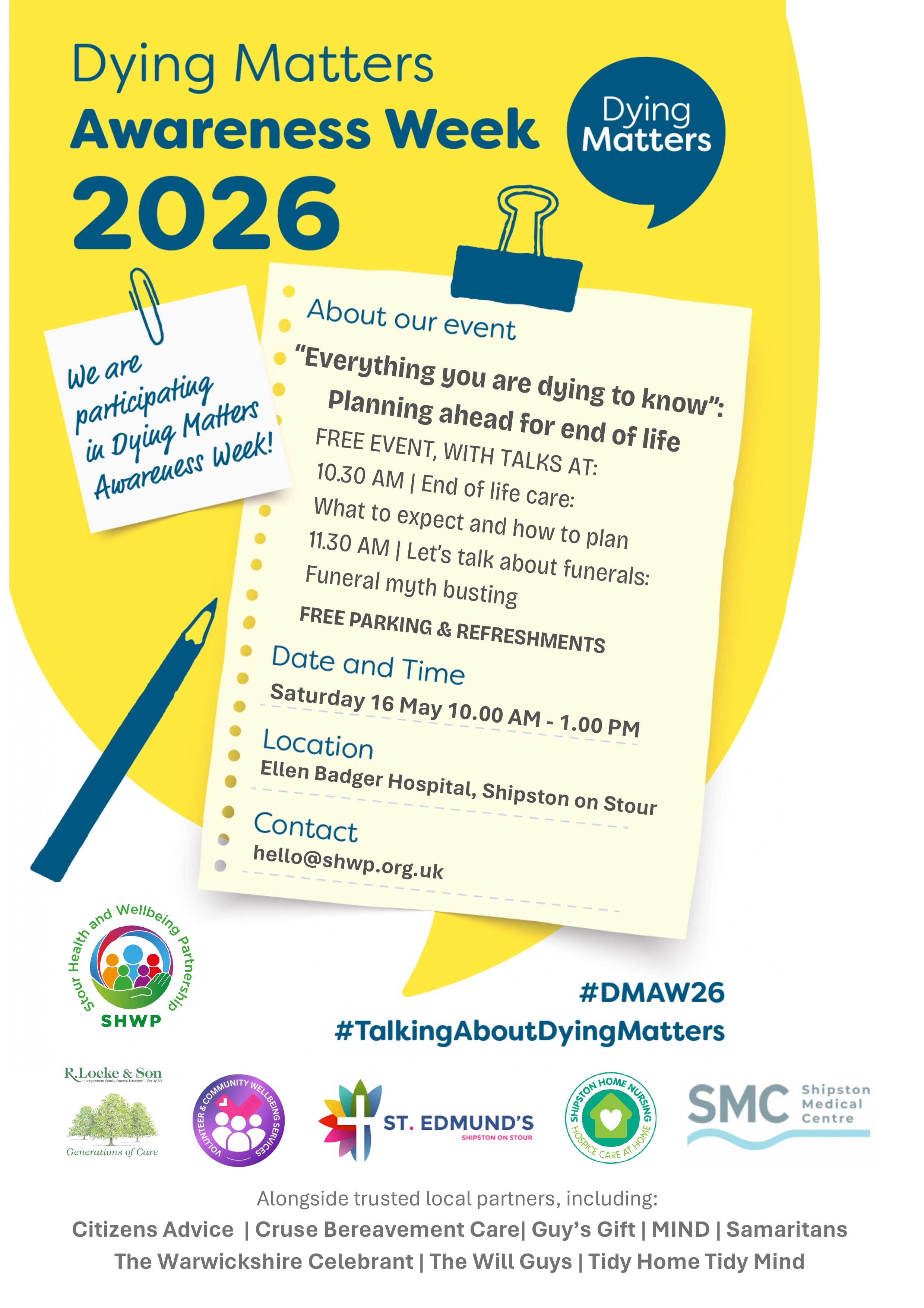 FREE Dying Matters Event at the Ellen Badger Hospital, Shipston on Stour on Saturday 16 May