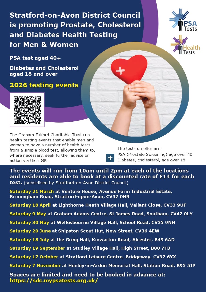 Prostate, Cholesterol and Diabetes Health Testing for Men and Women in Shipston on Stour - Saturday 20 June
