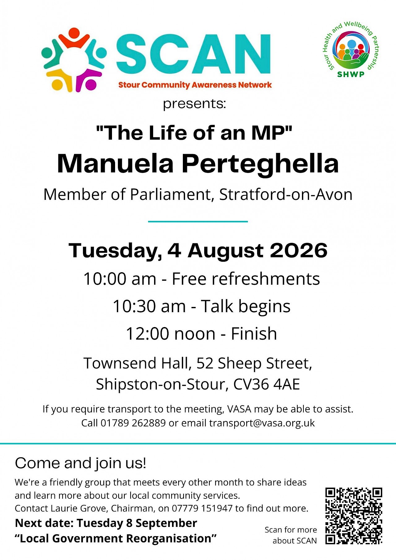 SCAN - Stour Community Awareness Network Meeting Tuesday 4 August, Guest Speaker Manuela Perteghella MP