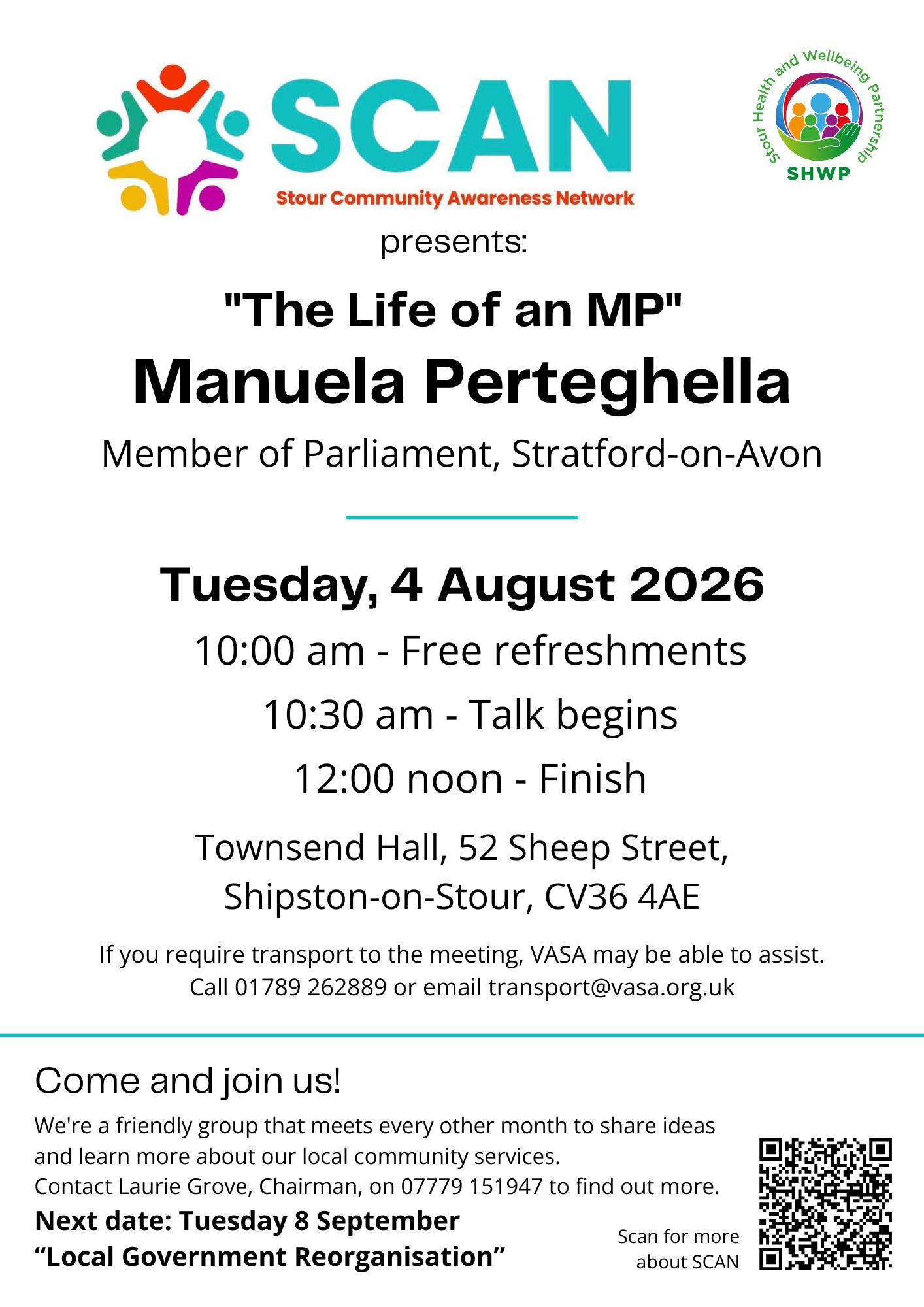 SCAN - Stour Community Awareness Network Meeting Tuesday 4 August, Guest Speaker Manuela Perteghella MP
