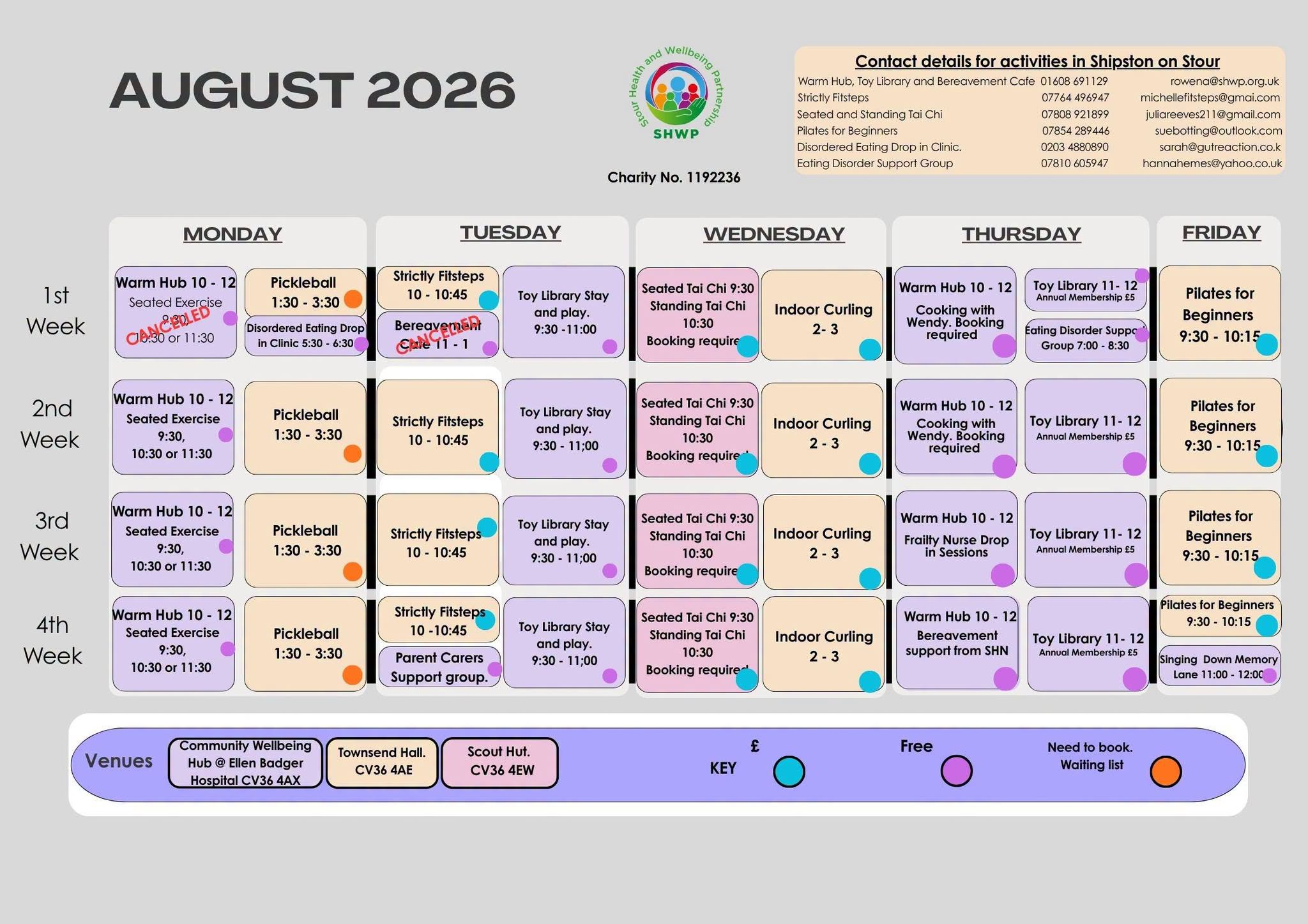 Stour Health and Wellbeing Activities in Shipston on Stour during August 2026
