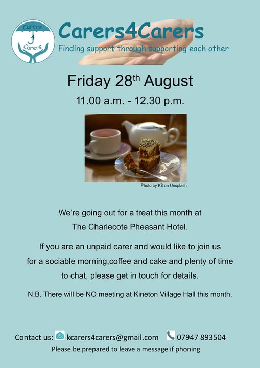 Carers4Carers monthly meeting on Friday 28 August 10.30 - 12 noon