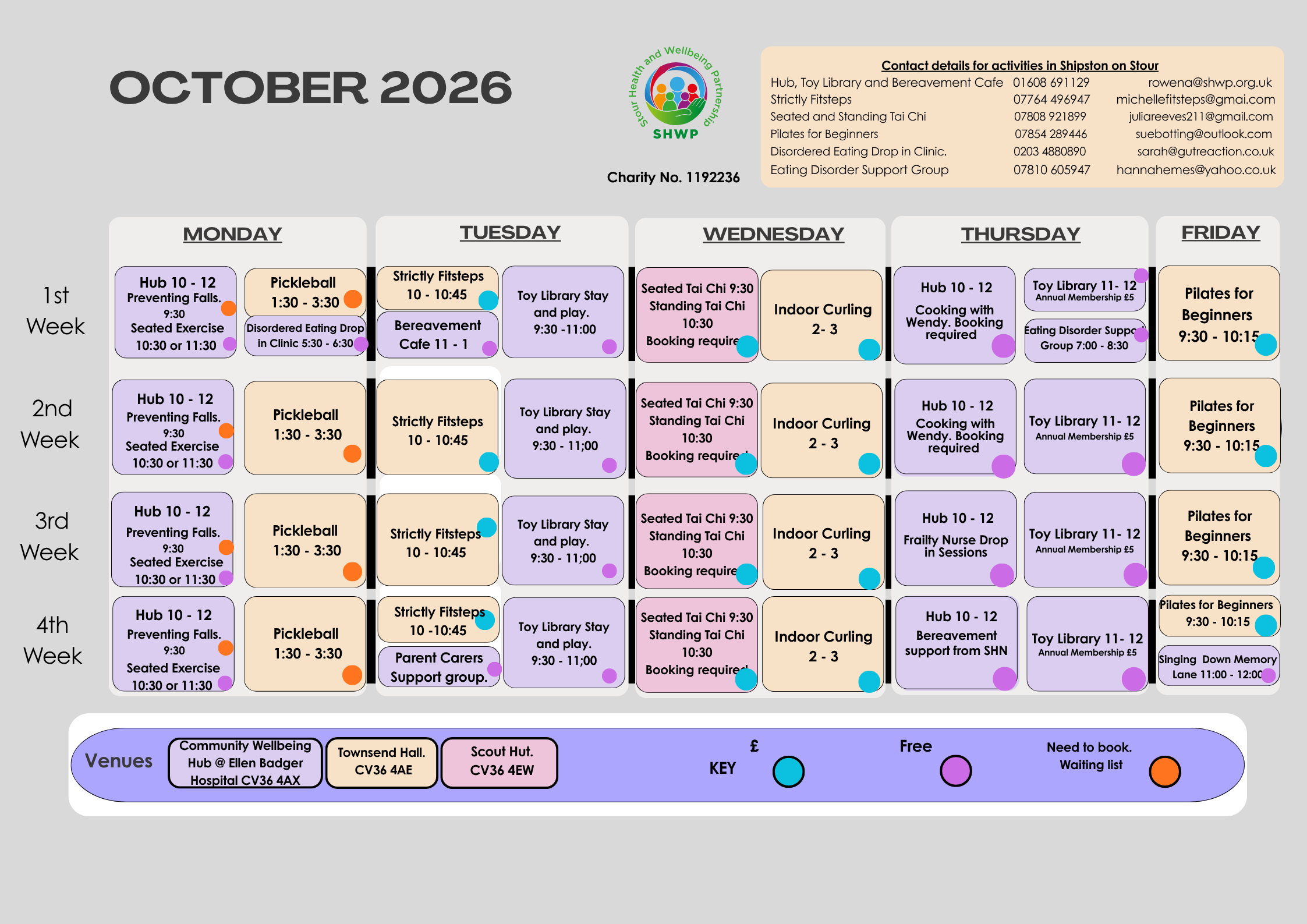 Stour Health and Wellbeing Activities in Shipston on Stour during October 2026